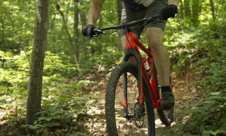 man riding mountain bike in forest