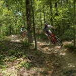 two men riding mountain bike along trails at Craighead Forest Park