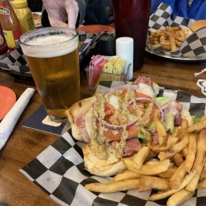 sandwich, fries and pint of beer from Yesdog Grill