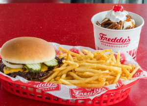 french fries, burger, and ice cream from Freddy's