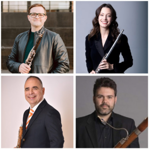 The four members of the Frisson Winds - a clarinet player, flute player, oboe player, and bassoon player