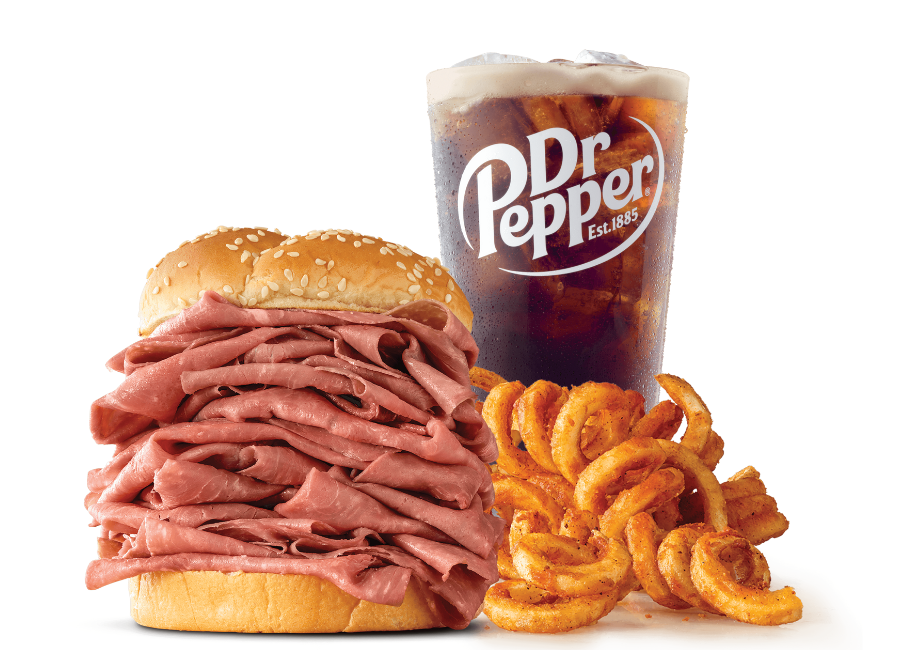 roast beef sandwich, curly fries and drink from Arbys