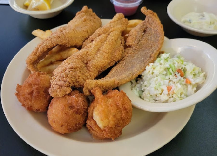 fried catfish with hushpuppies and cole slaw